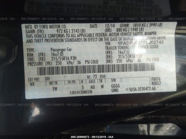 1FADP3F27FL202743 2015 FORD FOCUS, photo no. 9