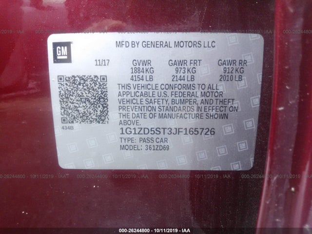 2018 CHEVROLET MALIBU VIN: 1G1ZD5ST3JF165726