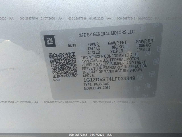 2020 CHEVROLET MALIBU VIN: 1G1ZD5ST4LF033349