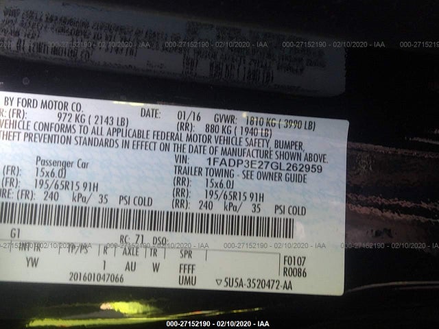 2016 FORD FOCUS VIN: 1FADP3E27GL262959