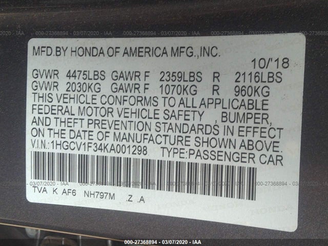 2019 HONDA ACCORD VIN: 1HGCV1F34KA001298