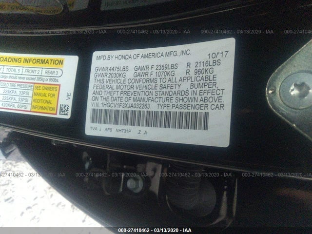2018 HONDA ACCORD VIN: 1HGCV1F3XJA032263