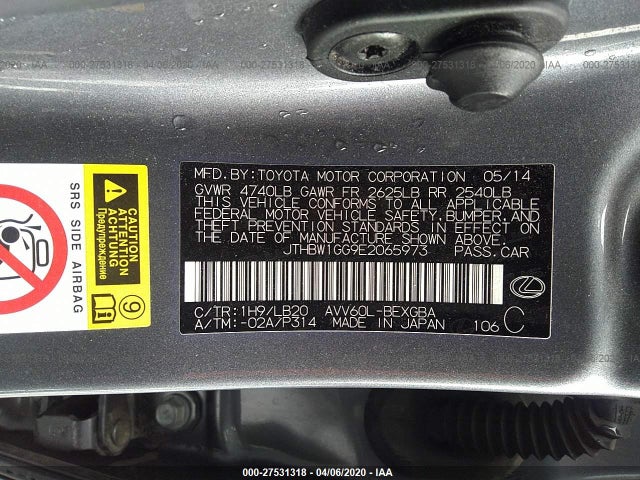2014 LEXUS ES VIN: JTHBW1GG9E2065973