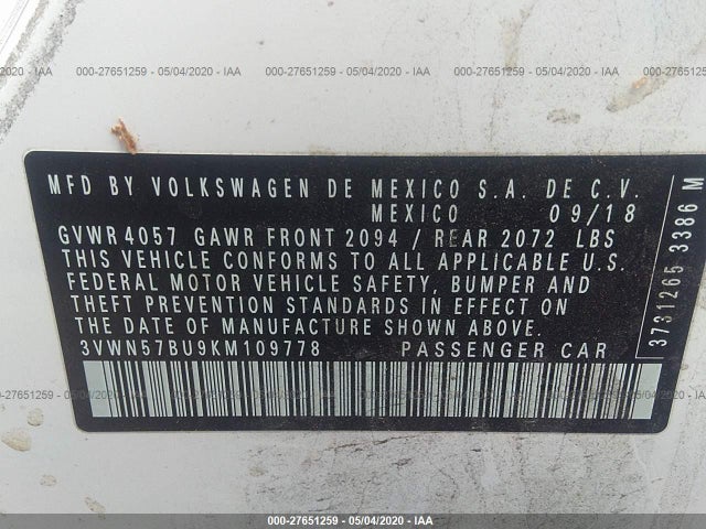 2019 VOLKSWAGEN JETTA VIN: 3VWN57BU9KM109778