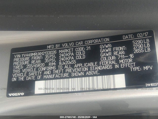 2017 VOLVO XC60 VIN: YV449MRUXH2133026