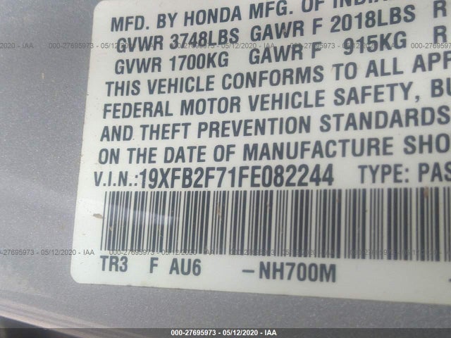 2015 HONDA CIVIC VIN: 19XFB2F71FE082244