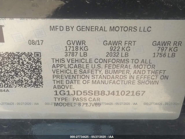 2018 CHEVROLET SONIC VIN: 1G1JD5SB8J4102167