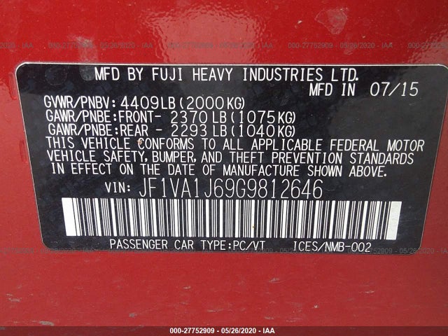 2016 SUBARU WRX VIN: JF1VA1J69G9812646