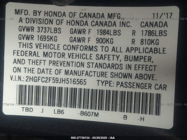 2018 HONDA CIVIC SEDAN VIN: 2HGFC2F59JH516565