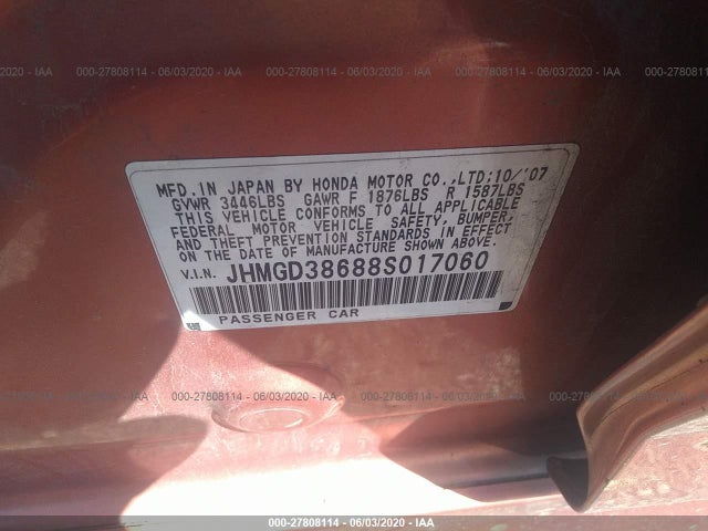2008 HONDA FIT VIN: JHMGD38688S017060