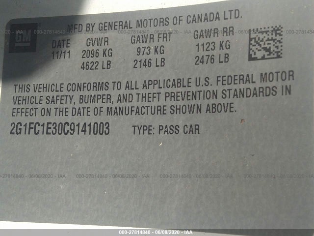 2012 CHEVROLET CAMARO VIN: 2G1FC1E30C9141003