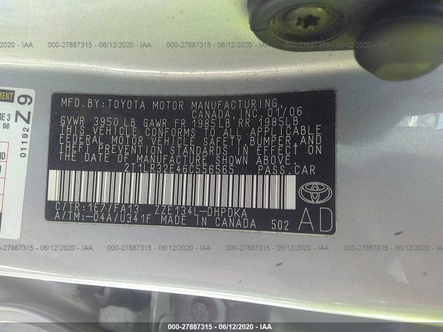 2006 TOYOTA MATRIX VIN: 2T1LR32E46C556565