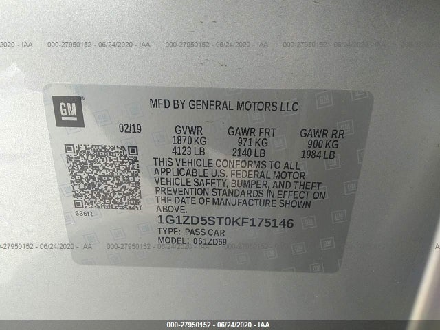 2019 CHEVROLET MALIBU VIN: 1G1ZD5ST0KF175146