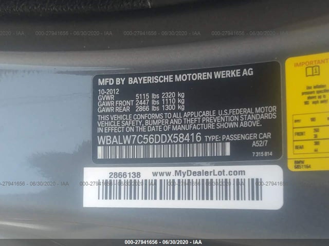 2013 BMW 6 SERIES VIN: WBALW7C56DDX58416