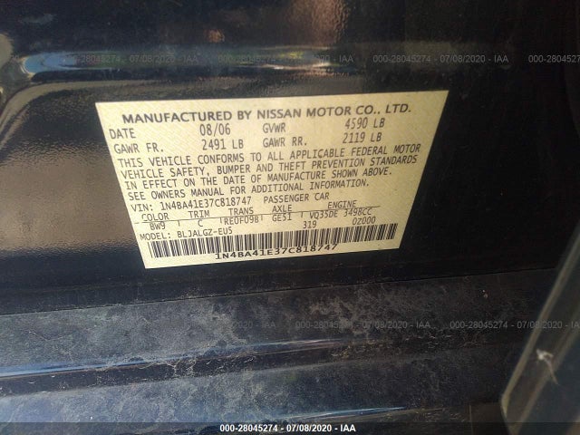 2007 NISSAN MAXIMA VIN: 1N4BA41E37C818747