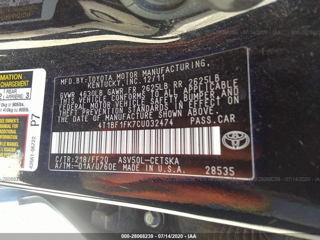 2012 TOYOTA CAMRY VIN: 4T1BF1FK7CU032474