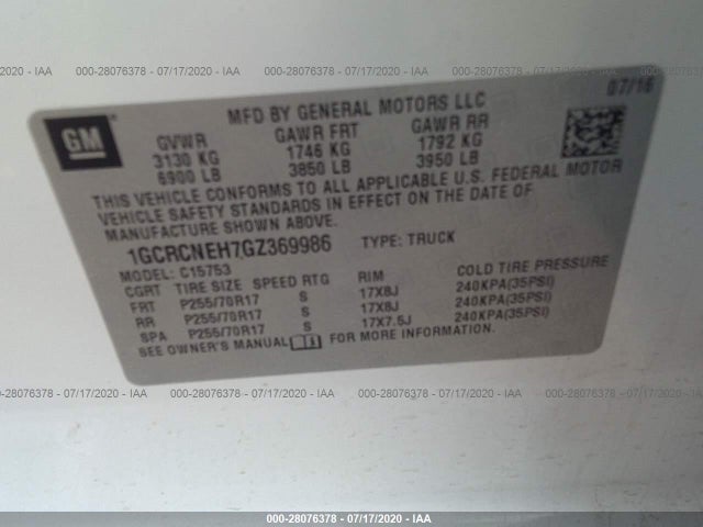 2016 CHEVROLET SILVERADO 1500 VIN: 1GCRCNEH7GZ369986