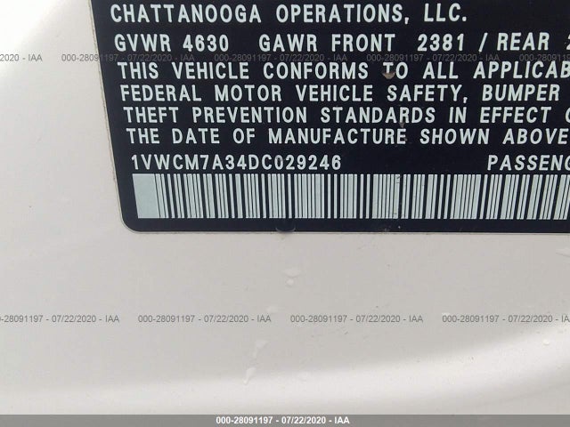 2013 VOLKSWAGEN PASSAT VIN: 1VWCM7A34DC029246