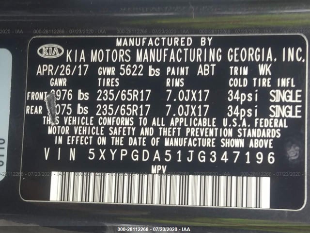 2018 KIA SORENTO VIN: 5XYPGDA51JG347196