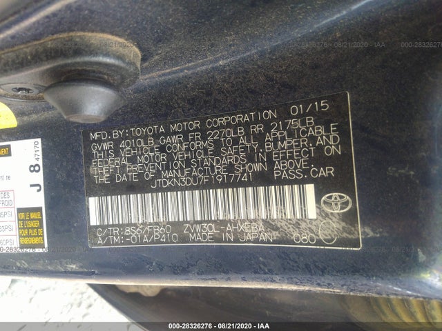 2015 TOYOTA PRIUS VIN: JTDKN3DU7F1917741
