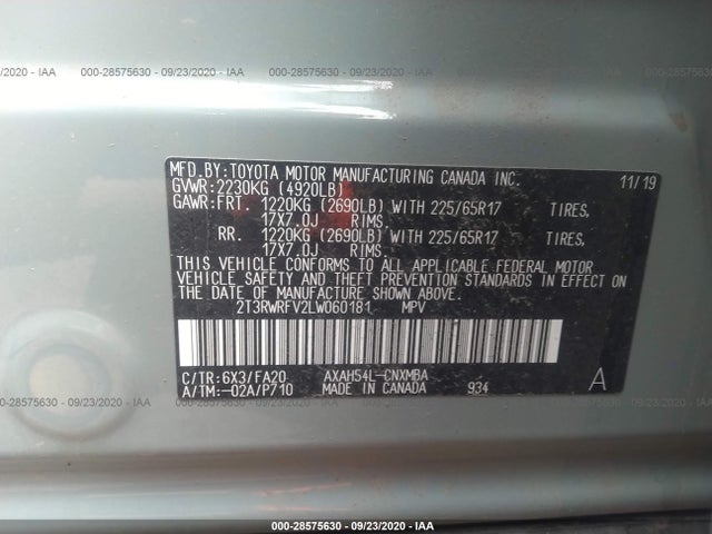 2020 TOYOTA RAV4 VIN: 2T3RWRFV2LW060181