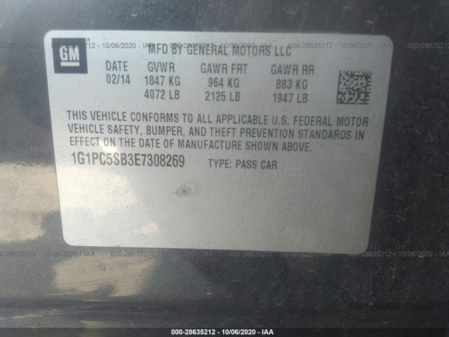2014 CHEVROLET CRUZE VIN: 1G1PC5SB3E7308269