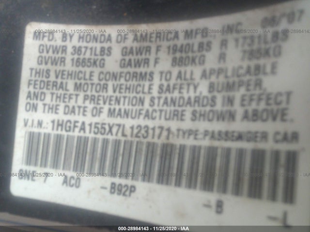 2007 HONDA CIVIC SDN VIN: 1HGFA155X7L123171