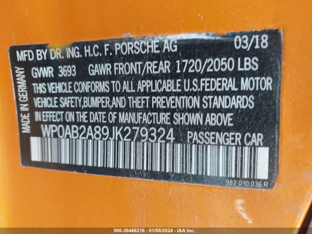 2018 Porsche 718, VIN: WP0AB2A89JK279324