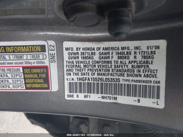 1HGFA15526L053535 | 2006 Honda civic lx