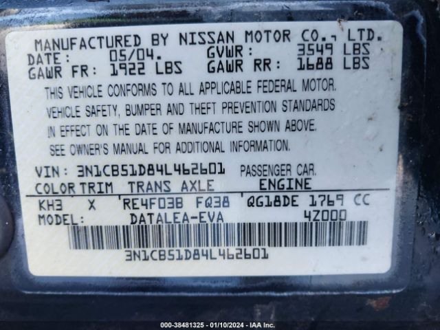 3N1CB51D84L462601 | 2004 Nissan sentra 1.8s