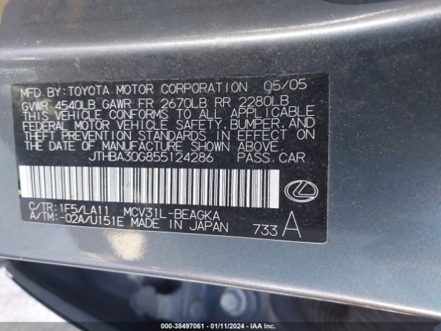 JTHBA30G855124286 | 2005 Lexus es 330