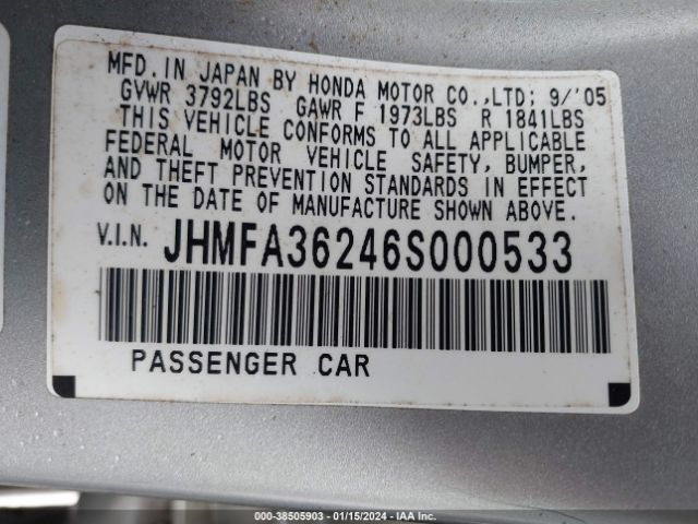 JHMFA36246S000533 | 2006 Honda civic hybrid