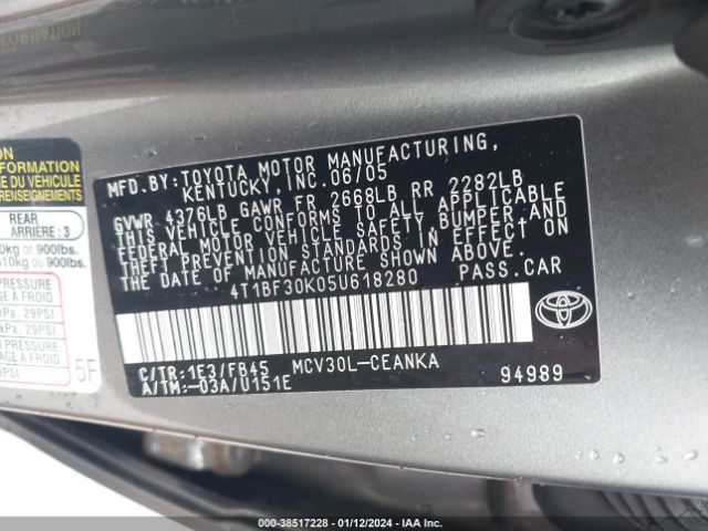 4T1BF30K05U618280 | 2005 Toyota camry le v6