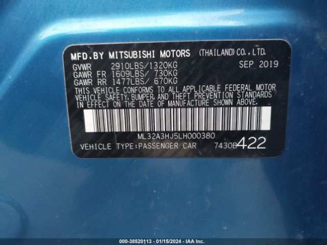 ML32A3HJ5LH000380 | 2020 Mitsubishi mirage es