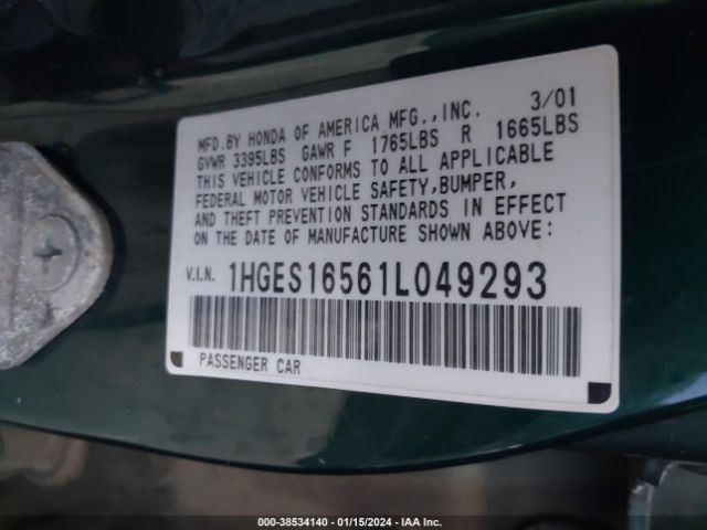 1HGES16561L049293 | 2001 Honda civic lx