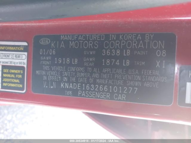 KNADE163266101277 | 2006 KIA rio5 sx