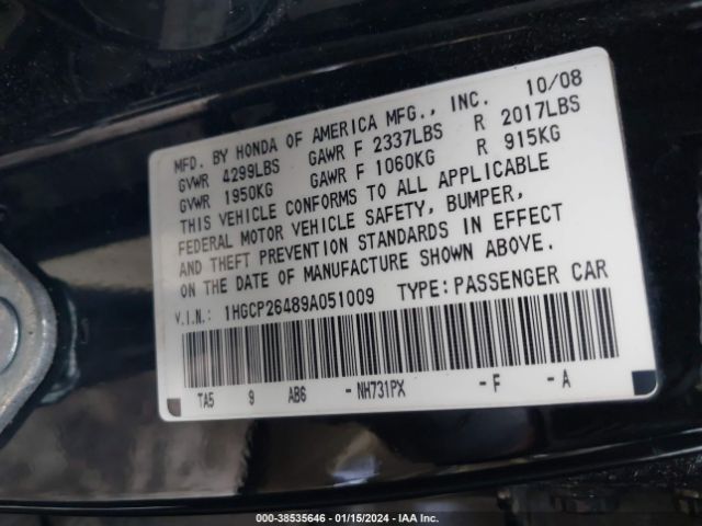 1HGCP26489A051009 | 2009 Honda accord 2.4 lx-p