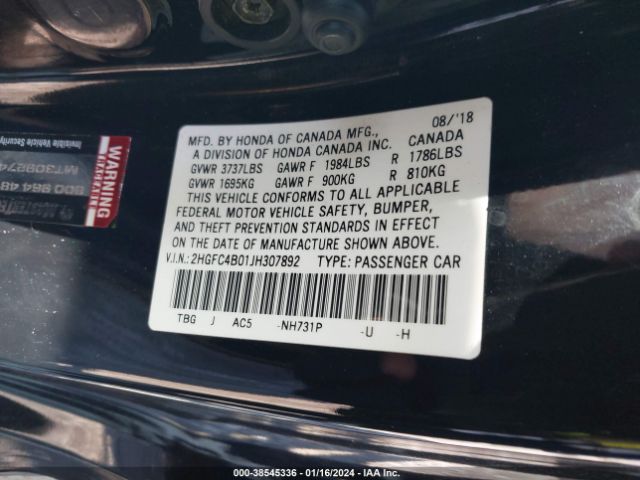 2HGFC4B01JH307892 | 2018 Honda civic lx-p