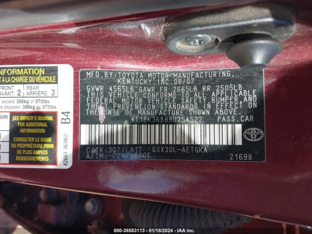 4T1BK36B88U254522 | 2008 Toyota avalon xls