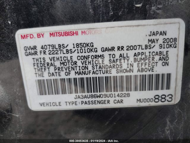 JA3AU86W09U014228 | 2009 Mitsubishi lancer gts