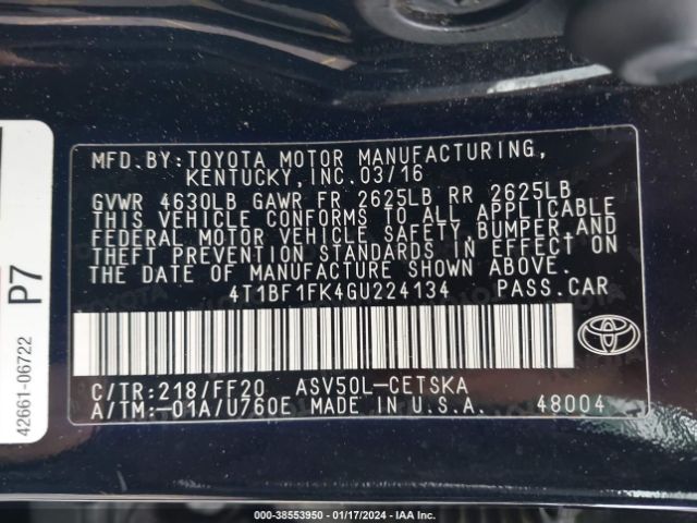 1N4AL3AP2DC179600 | 2016 Toyota camry se