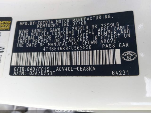 4T1BE46K87U562558 | 2007 Toyota camry se