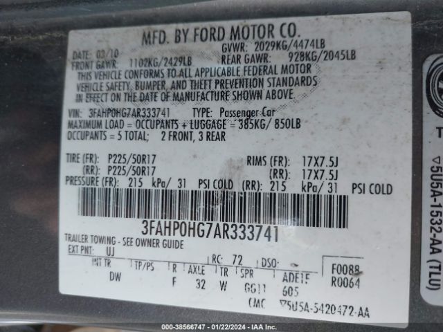 3FAHP0HG7AR333741 | 2010 Ford fusion se