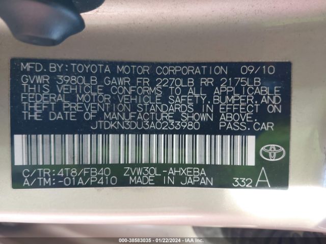 JTDKN3DU3A0233980 | 2010 Toyota prius ii