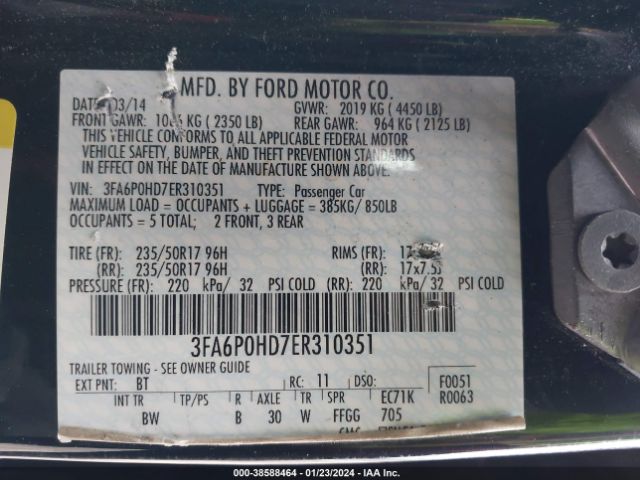 3FA6P0HD7ER310351 | 2014 Ford fusion se