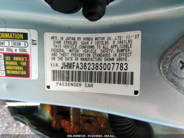 JHMFA36238S007783 | 2008 Honda civic hybrid