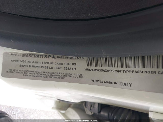 2017 Maserati Ghibli, VIN: ZAM57XSAXH1197597