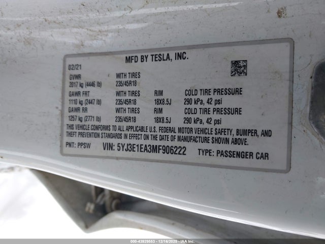 صورة 9 لـ 2021 Tesla MODEL 3 STANDARD RANGE PLUS REAR-WHEEL DRIVE