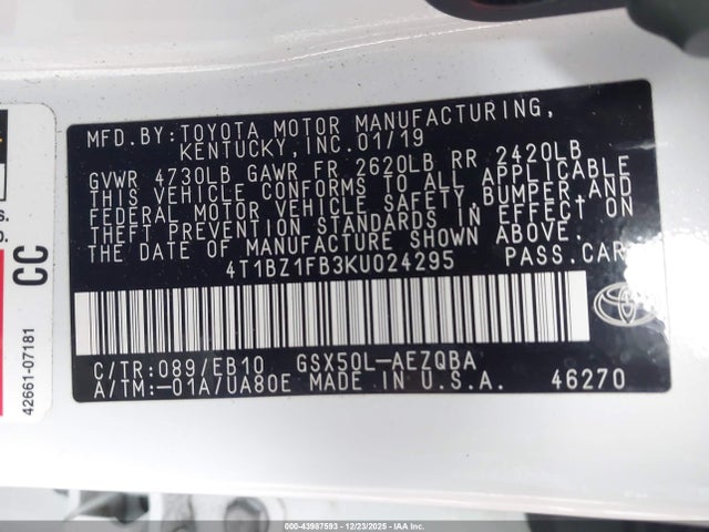 2019 Toyota Avalon, VIN: 4T1BZ1FB3KU024295