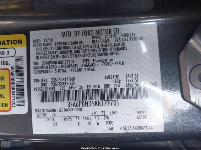 2019 FORD FUSION SE photo 9